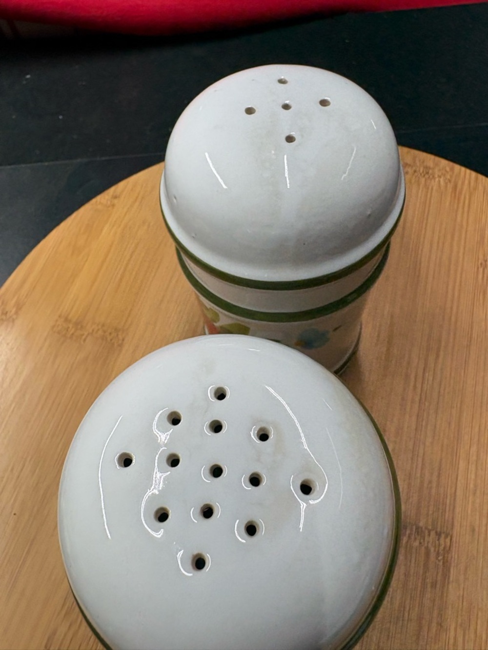 Ceramic Salt and Pepper Shakers - White with Green Stripe